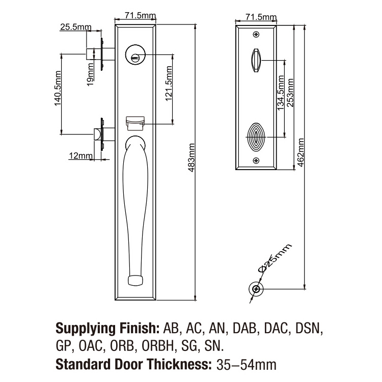 Cerradura de puerta de embutir de manija de manija de agarre de cilindro de cerrojo elegante dorado para puerta exterior