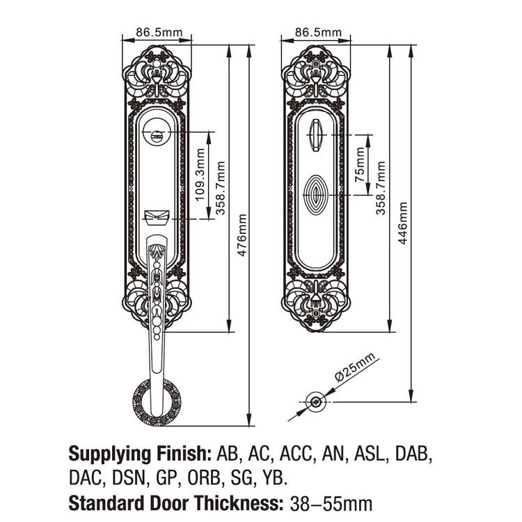 Cerraduras de puerta con manija sin llave de cilindro de latón de alta resistencia de aleación de zinc blanco