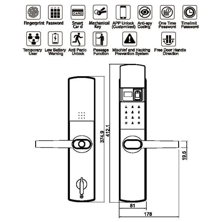 Teclado digital automático Huella digital Tarjeta inteligente Frontal Automático Cerradura de puerta de entrada doble Fabricación